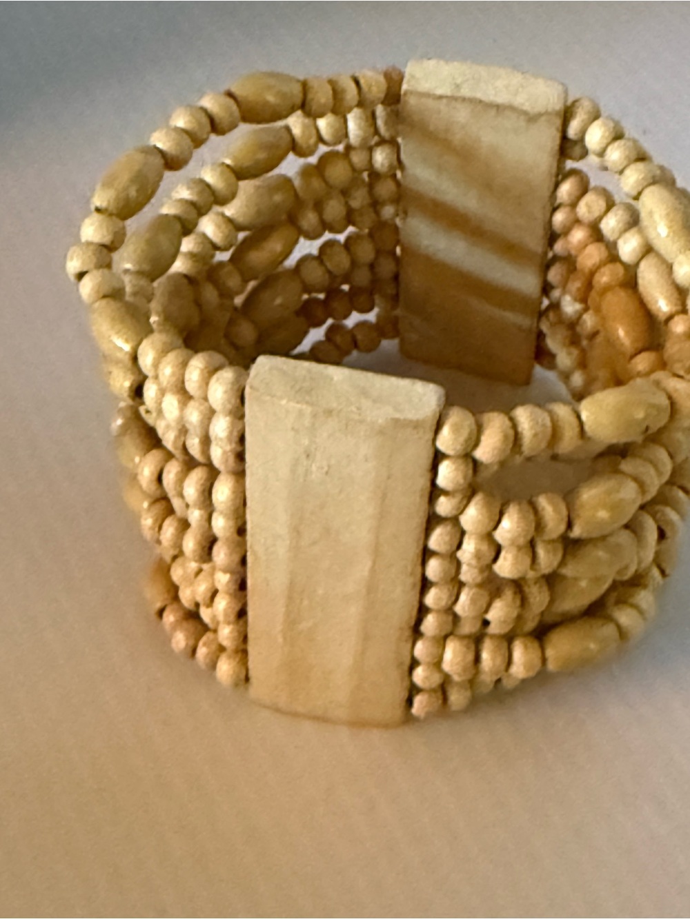 Natural Beige Multi-Strand Wood Bead Bracelet